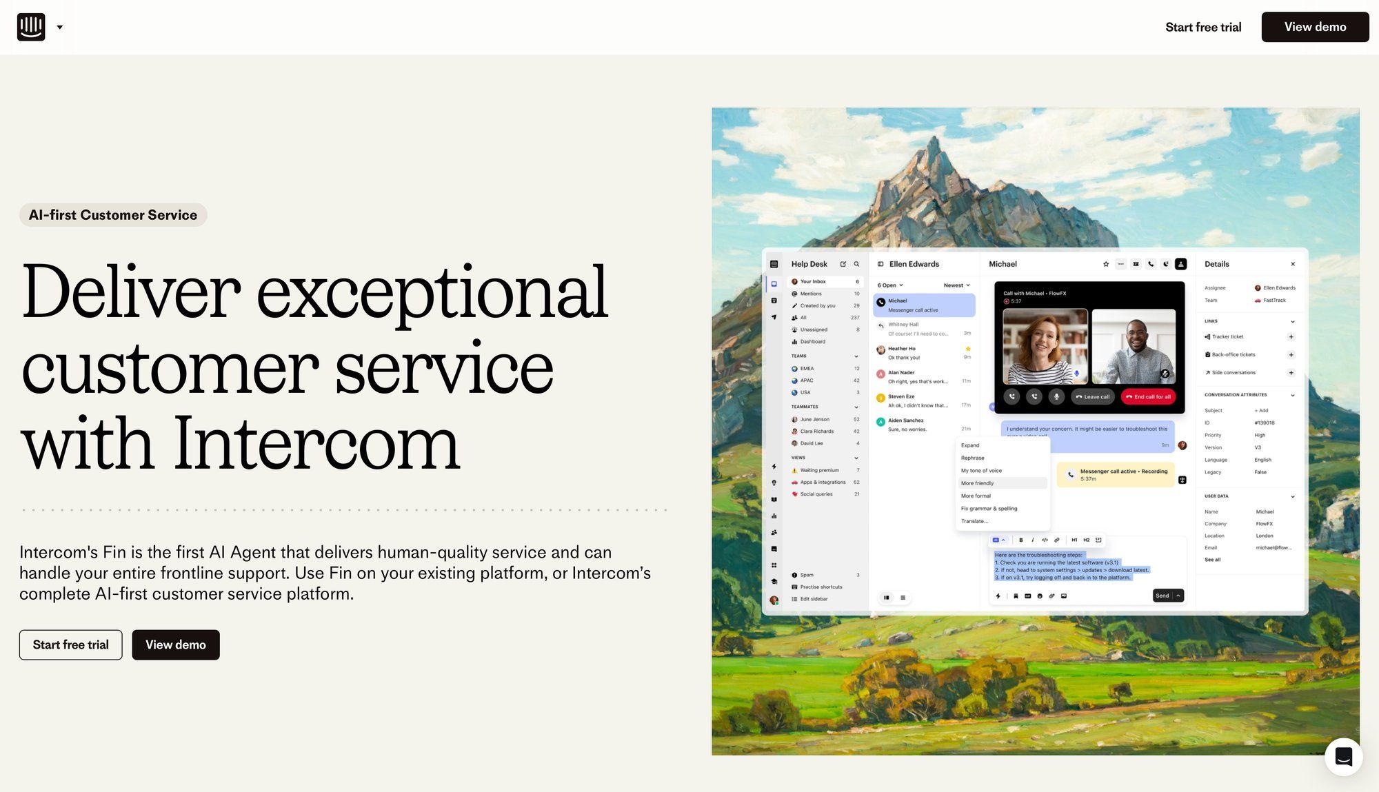 A webpage showcasing Intercom's Fin, an AI-first customer service platform, with a detailed UI screenshot.