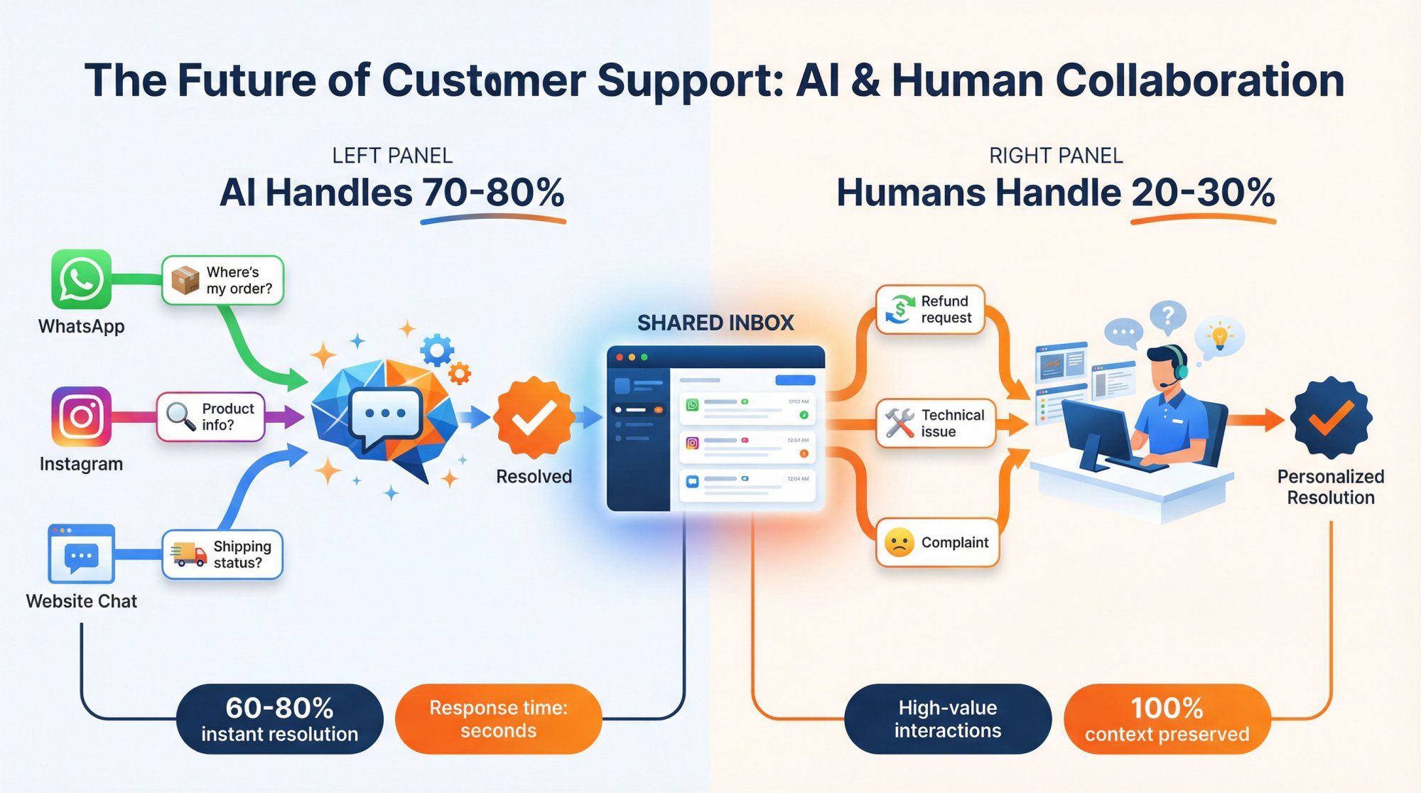AI and human agent collaboration workflow showing 70-80% AI automation with shared inbox escalation to human agents