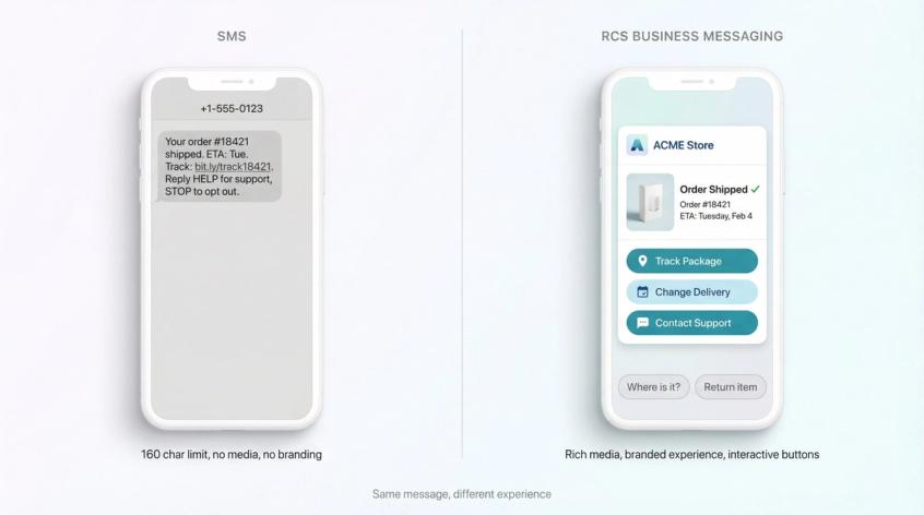 Split-screen comparison of order update message: plain SMS text vs rich RCS card with product image and action buttons