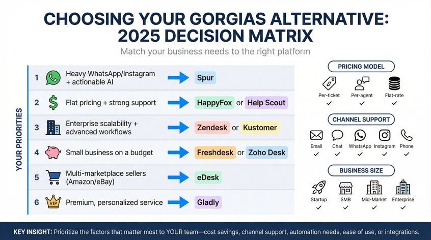 Visual decision framework comparing 11 Gorgias alternatives across key criteria: pricing, channels, and business needs
