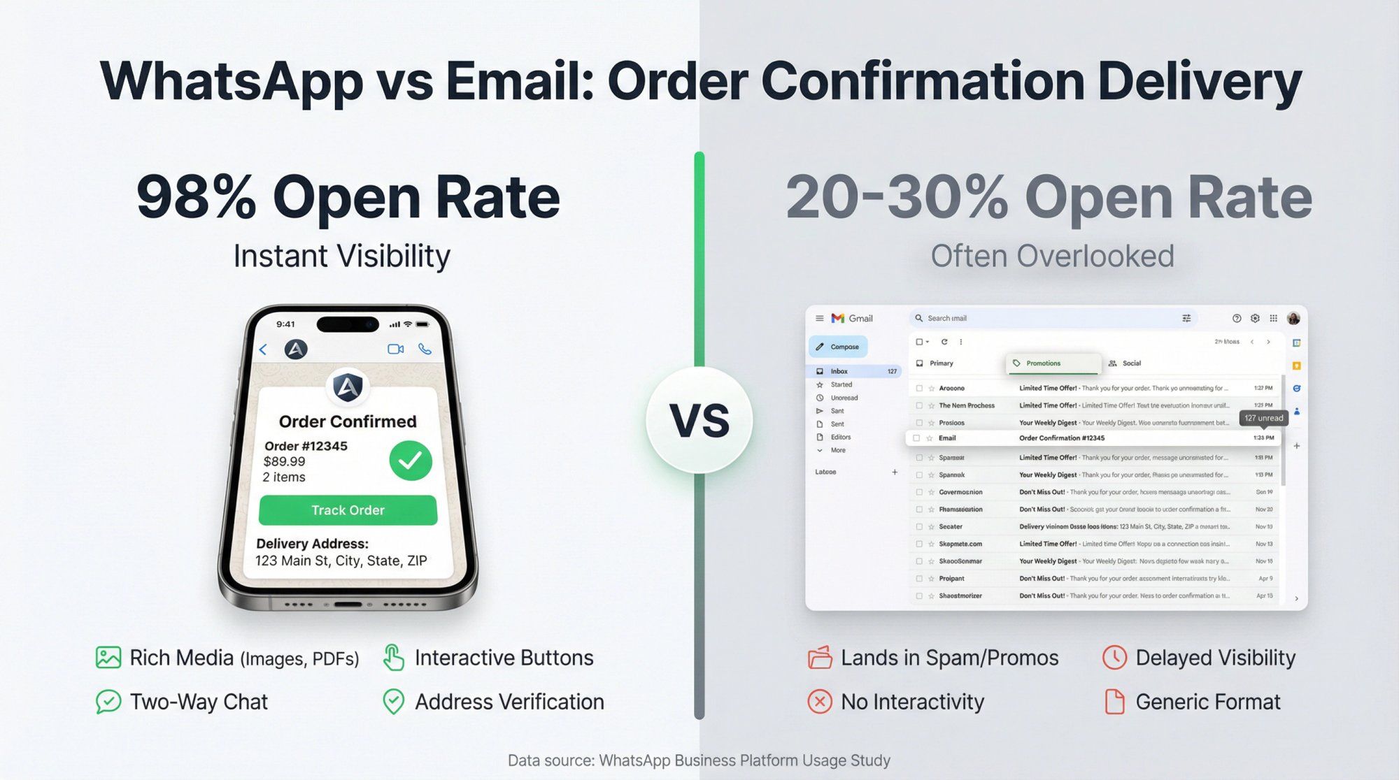 Comparison infographic showing WhatsApp's 98% open rate versus email's 20-30% open rate for order confirmations