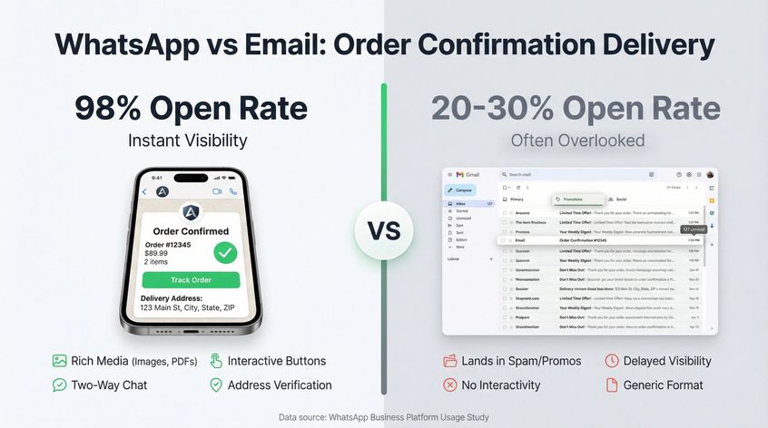 Comparison infographic showing WhatsApp's 98% open rate versus email's 20-30% open rate for order confirmations