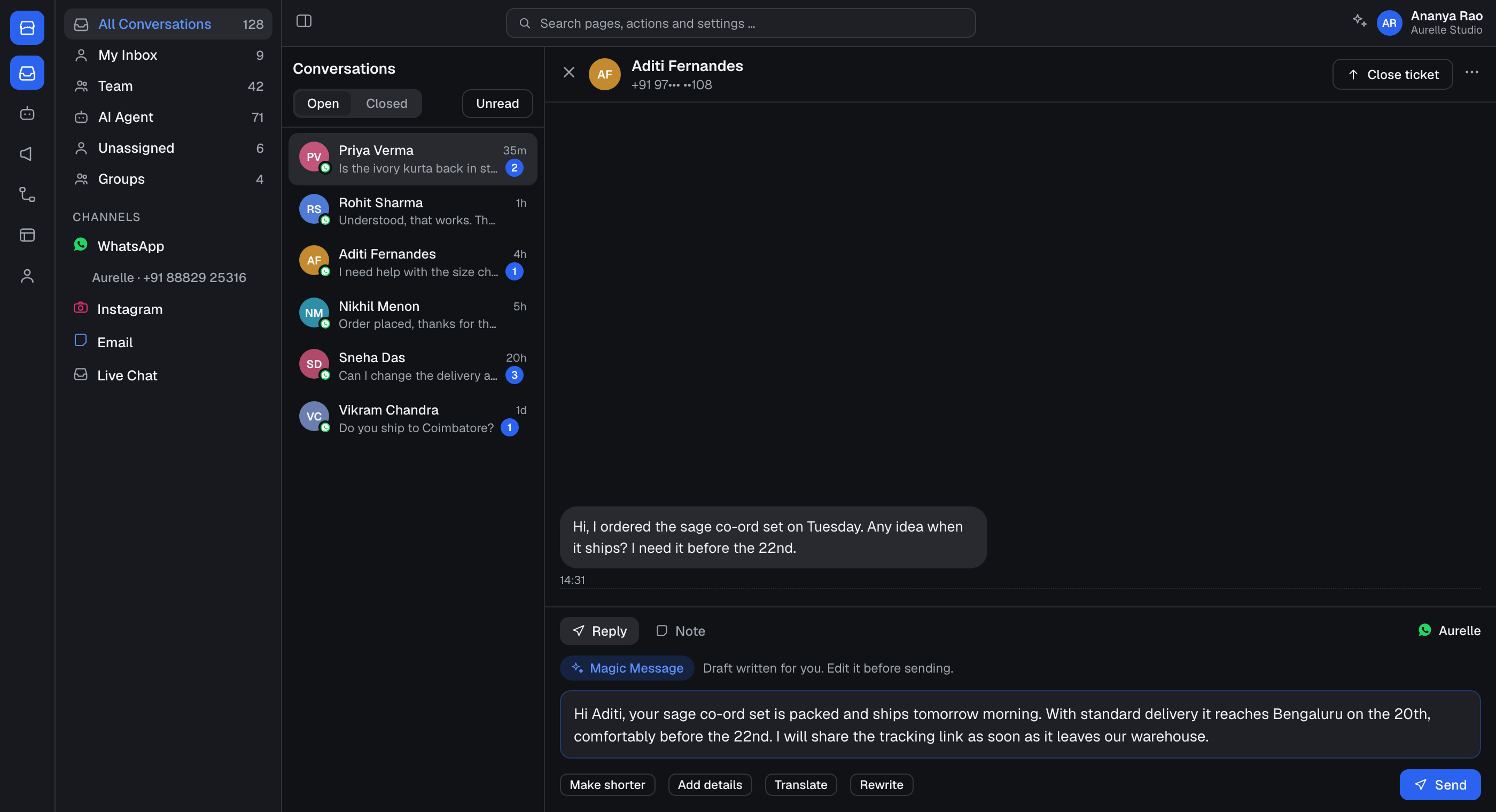 Spur inbox with a Magic Message draft in the composer and shorten, add details, translate and rewrite actions