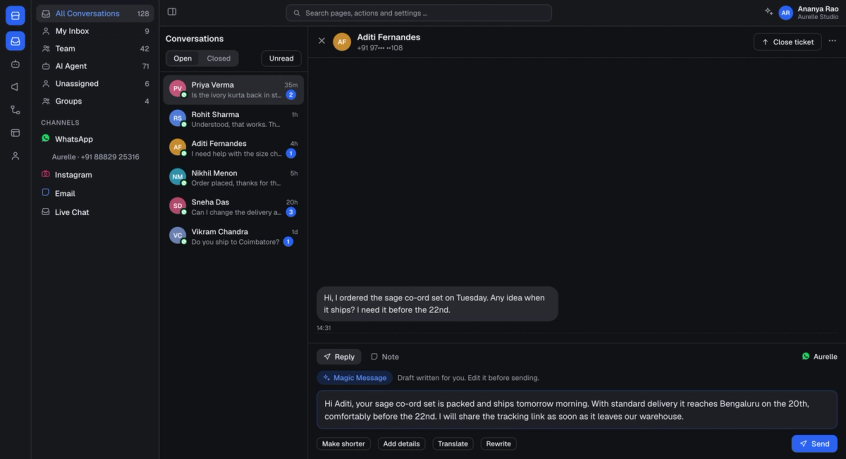 Spur inbox with a Magic Message draft in the composer and shorten, add details, translate and rewrite actions