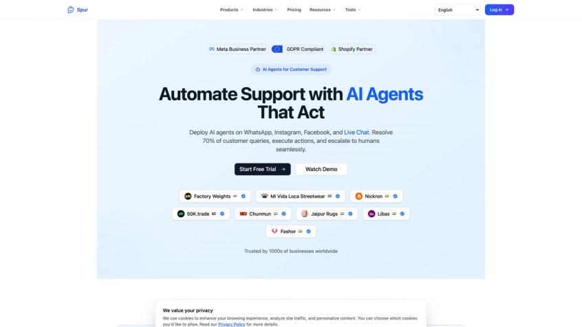 Spur AI Agents product page: Automate Support with AI Agents That Act, deployed across WhatsApp, Instagram, Facebook, and Live Chat