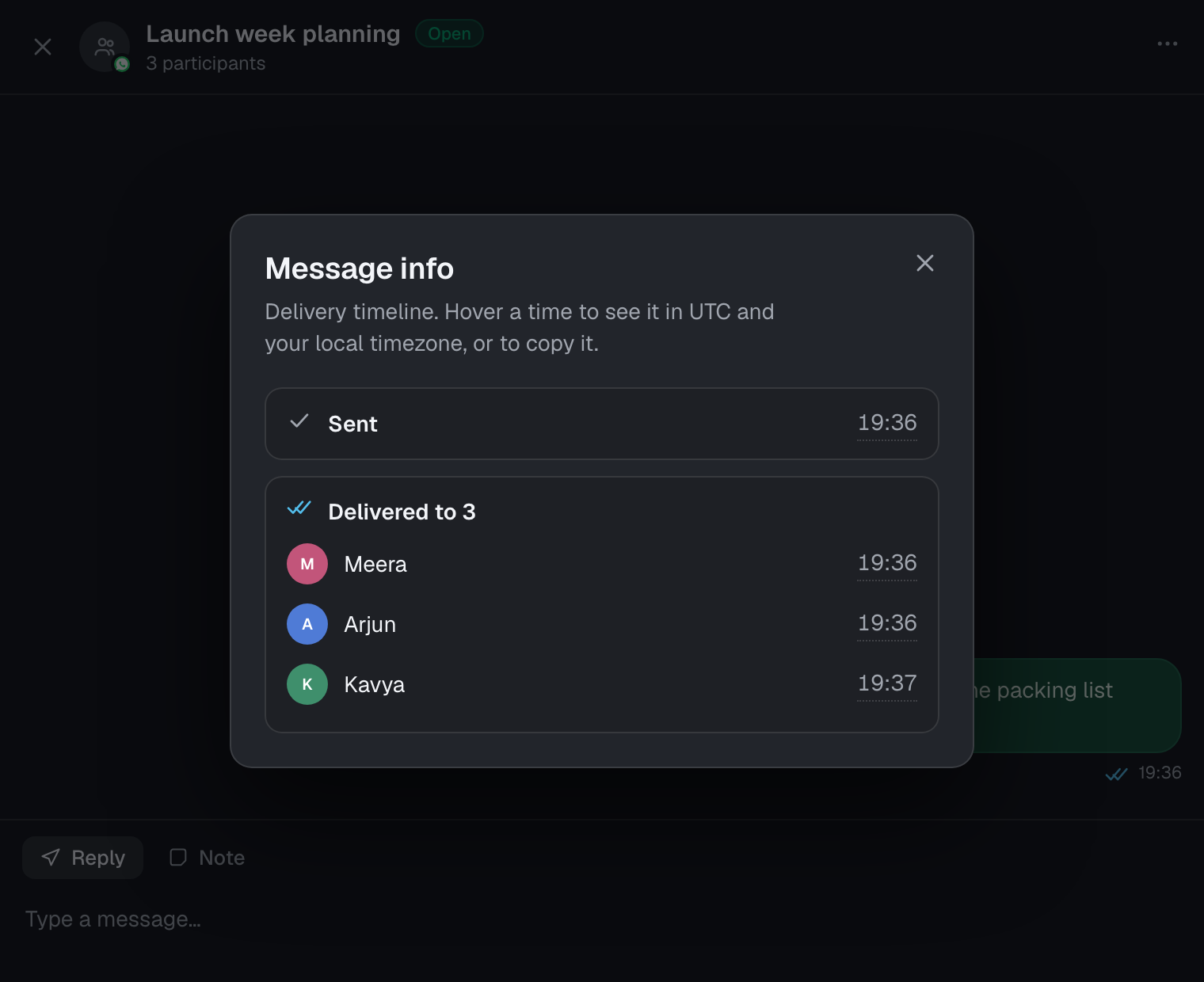 Message info dialog listing sent time and each group participant with delivery times