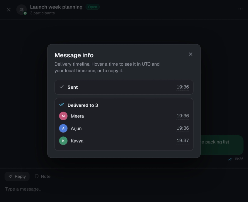 Message info dialog listing sent time and each group participant with delivery times