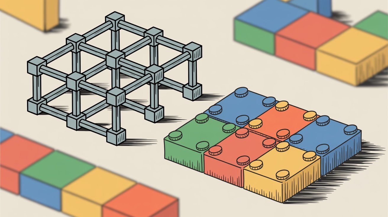Visual comparison showing technical framework structure with complex scaffolding on the left versus colorful building blocks representing no-code platforms on the right, illustrating the contrast between coding complexity and user-friendly simplicity