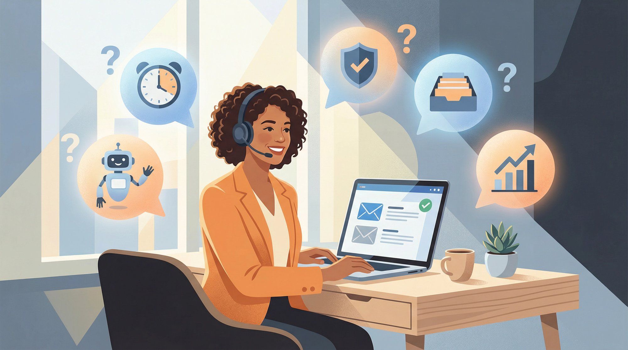 Friendly customer support representative at modern desk with floating question bubbles representing FAQ topics