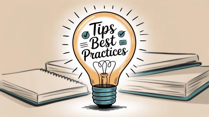 Illustration of a glowing lightbulb with "Tips & Best Practices" text surrounded by books, representing helpful advice and guidance