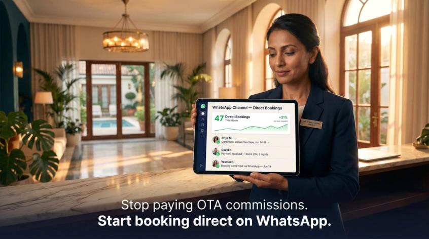 Hotel manager holding tablet with WhatsApp direct booking dashboard showing 47 direct bookings and upward revenue trend, in warm hotel lobby light