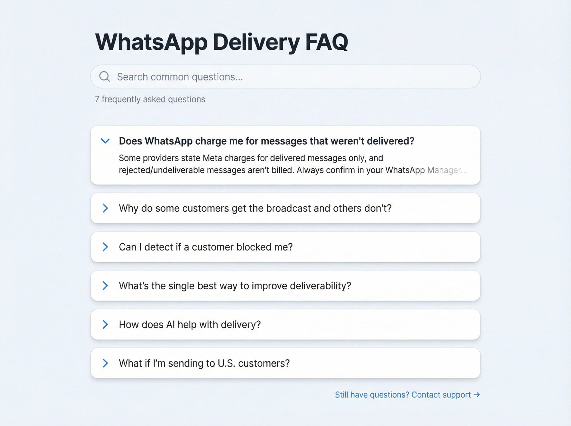 Modern FAQ interface showing common WhatsApp delivery questions with clean card-based design