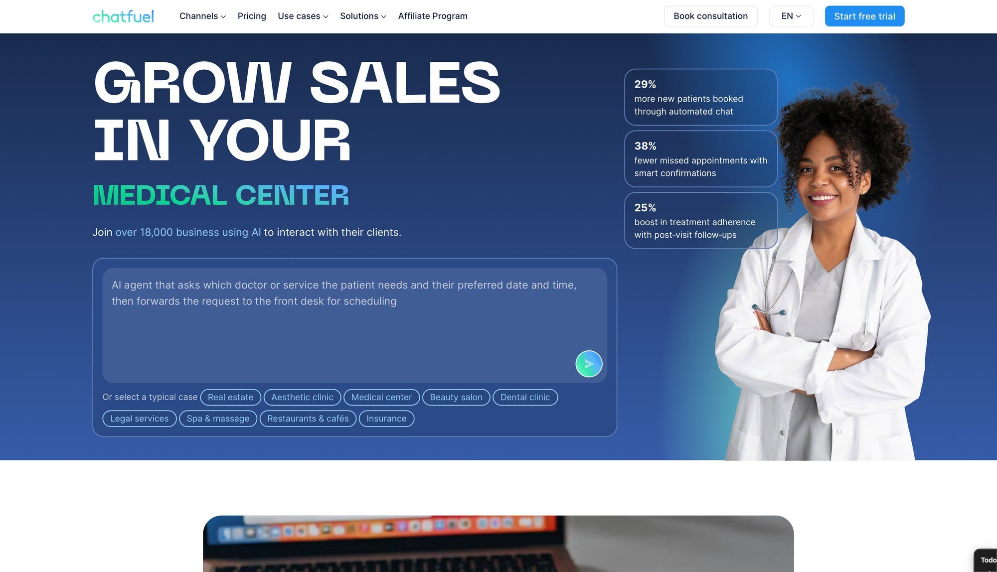 A friendly doctor on the Chatfuel homepage promoting AI for growing medical center sales with stats.