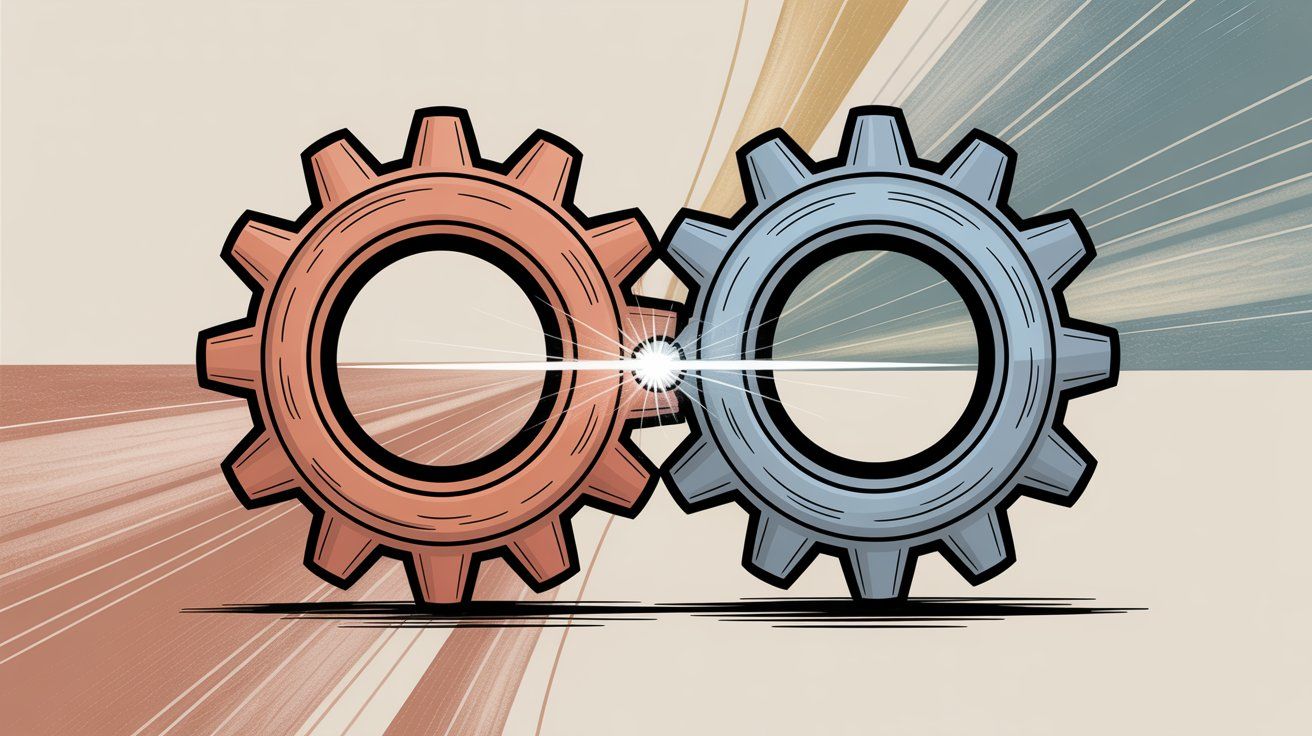 Strategic partnership visualization showing two complementary businesses joining forces to create value that neither could achieve alone in competitive markets