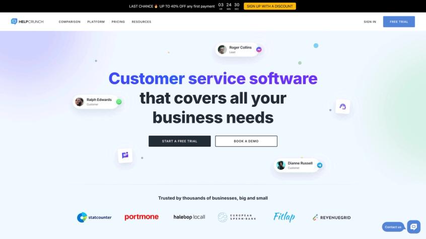 HelpCrunch homepage presenting all-in-one customer communication platform with live chat, email marketing, and knowledge base