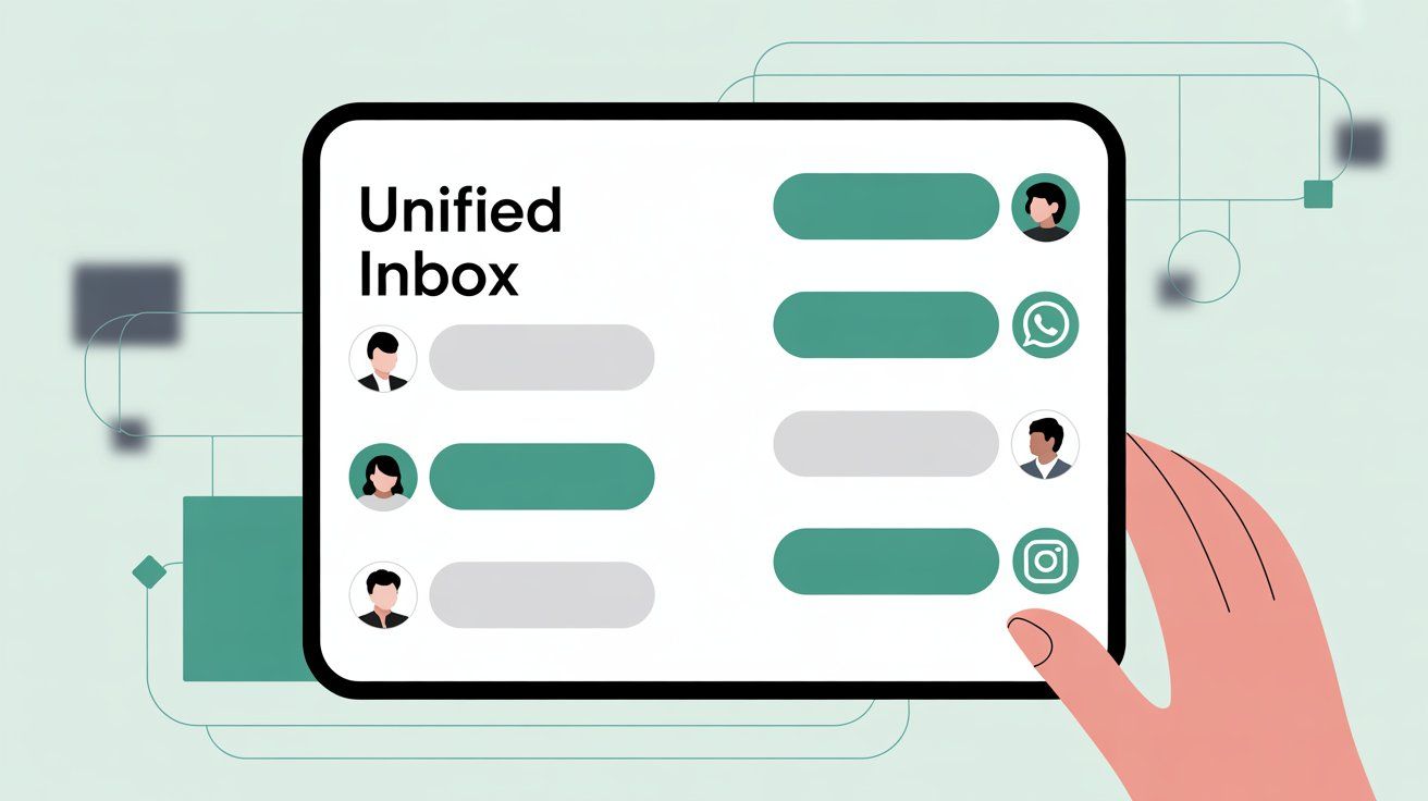 Unified inbox interface showing conversations from multiple channels including WhatsApp and Instagram