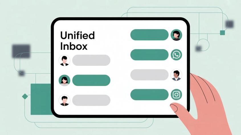 Unified inbox interface showing conversations from multiple channels including WhatsApp and Instagram