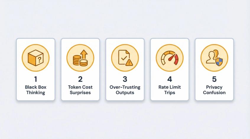 Five common Claude API mistakes illustrated as warning cards: black box thinking, token cost surprises, over-trusting outputs, rate limit trips, and privacy confusion