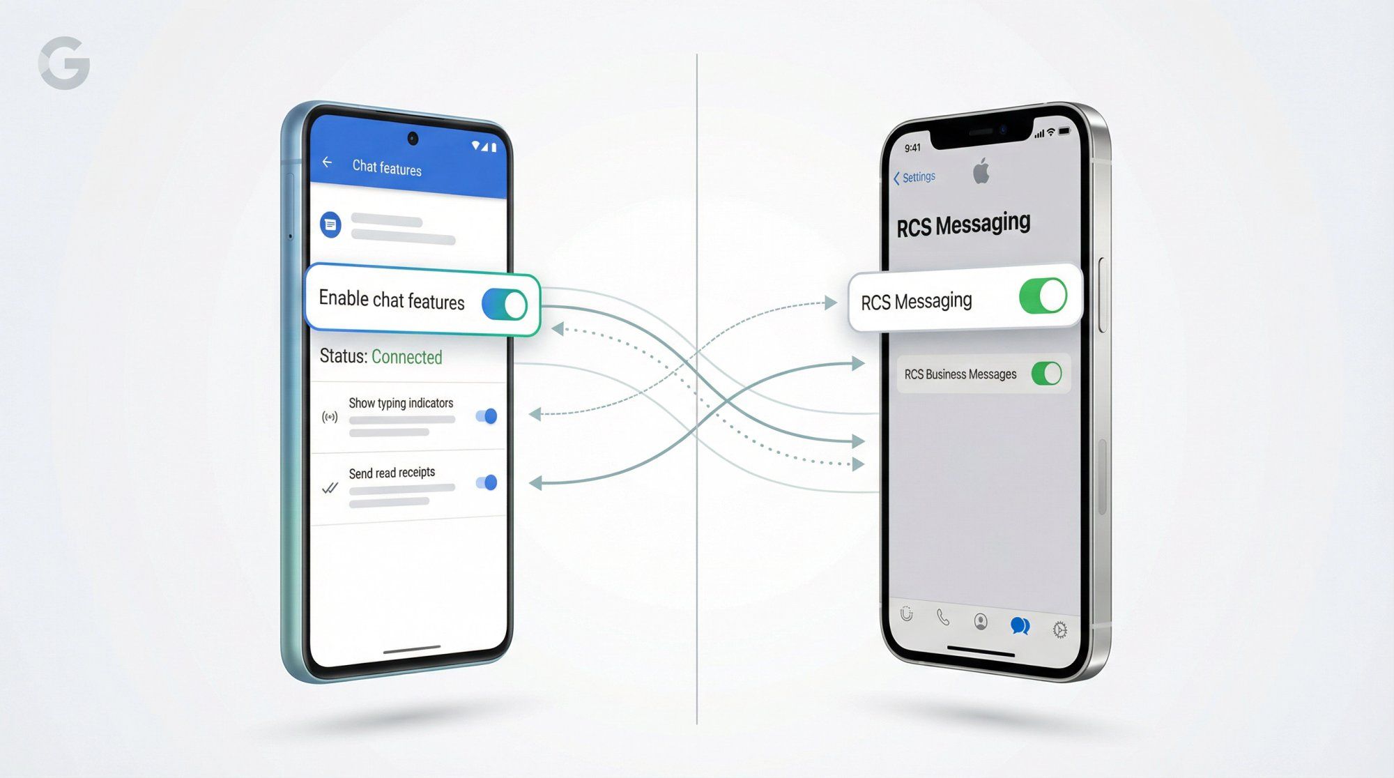 Split-screen illustration showing RCS messaging toggle settings on both Android and iPhone interfaces