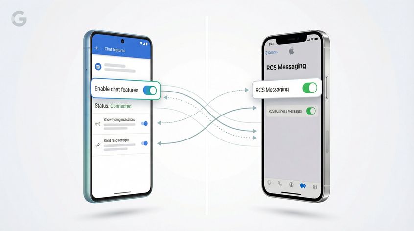 Split-screen illustration showing RCS messaging toggle settings on both Android and iPhone interfaces