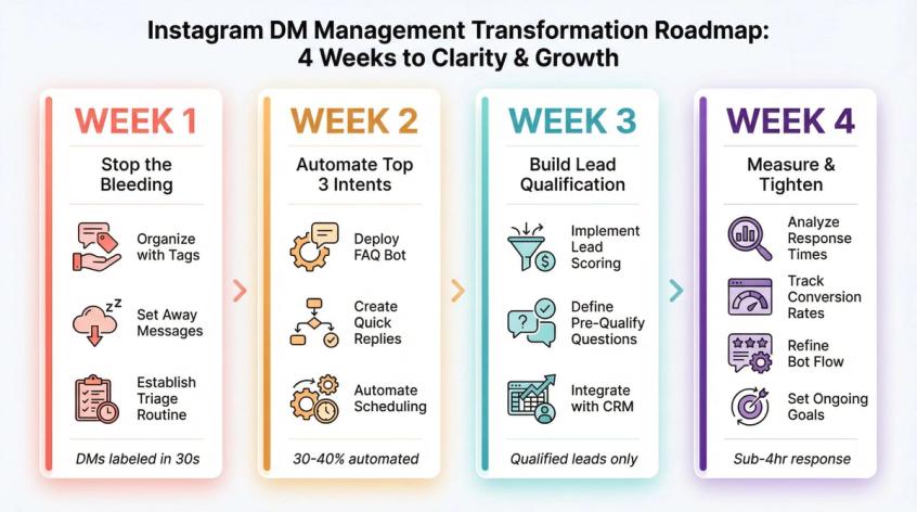 4-week Instagram DM transformation roadmap showing structured progression from basic setup to full optimization