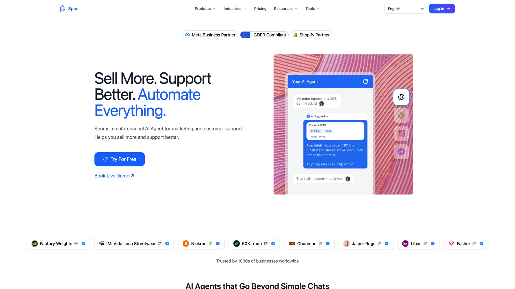 Spur homepage showing AI-powered multi-channel inbox with WhatsApp, Instagram, and live chat support for D2C brands