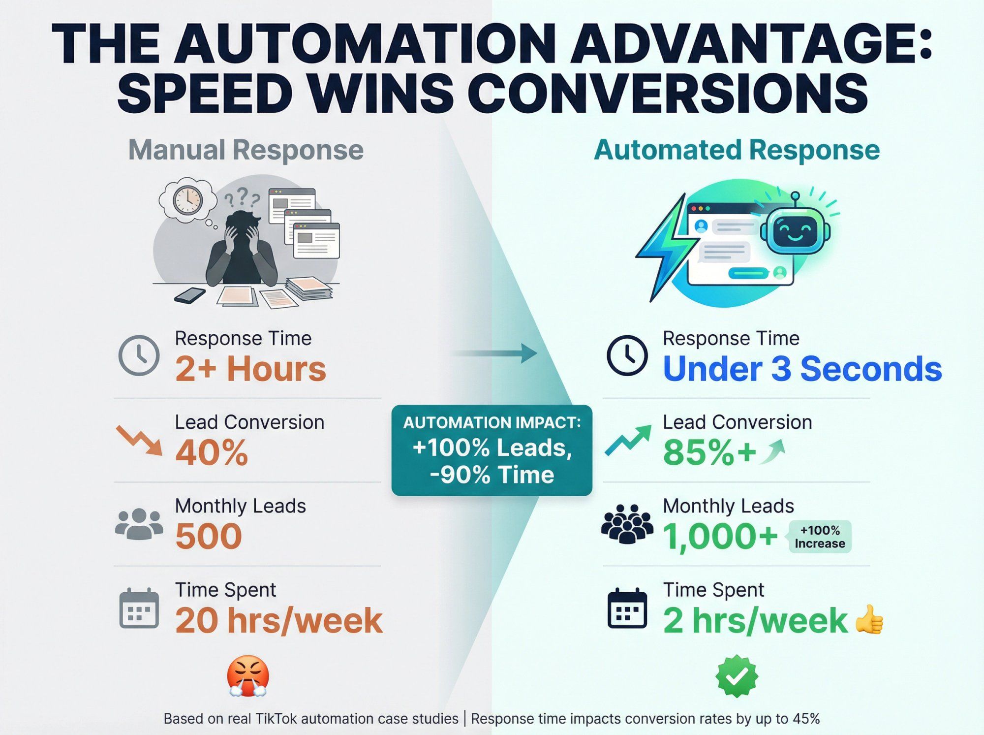 Data visualization comparing manual vs automated TikTok response times and their impact on conversion rates and lead volume