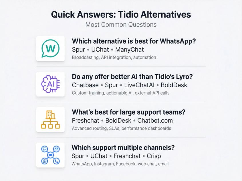 FAQ visual summary showing common questions about Tidio alternatives with icon-based categories