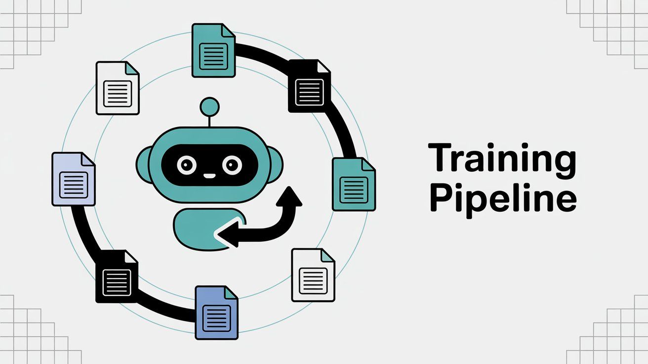 Document upload training pipeline showing various file types flowing into chatbot system for automatic text extraction and processing