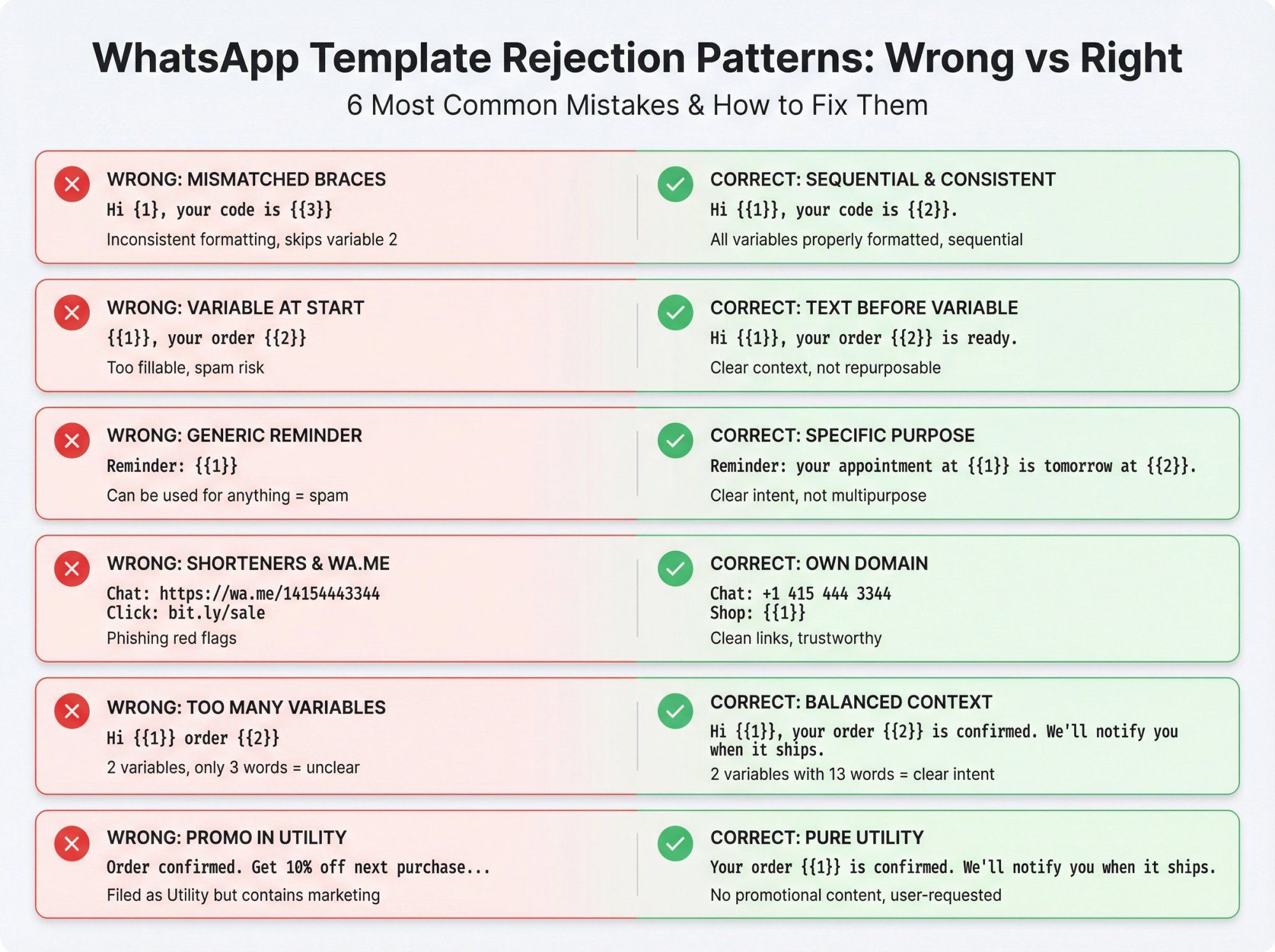 Side-by-side comparison showing 6 common WhatsApp template rejection patterns with wrong examples marked with red X and correct examples with green checkmarks