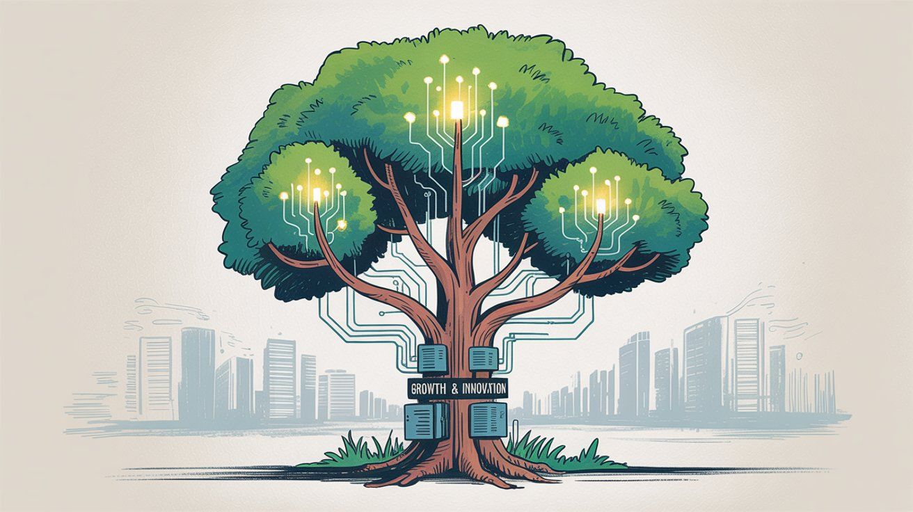 Successful business growth through strategic technology implementation showing thriving company with integrated CRM and ERP systems driving sustainable growth