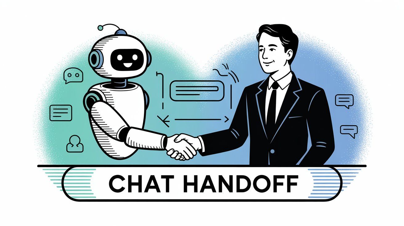 Various chatbot handoff trigger scenarios including frustrated users, complex questions, and explicit human requests illustrated in a professional editorial style
