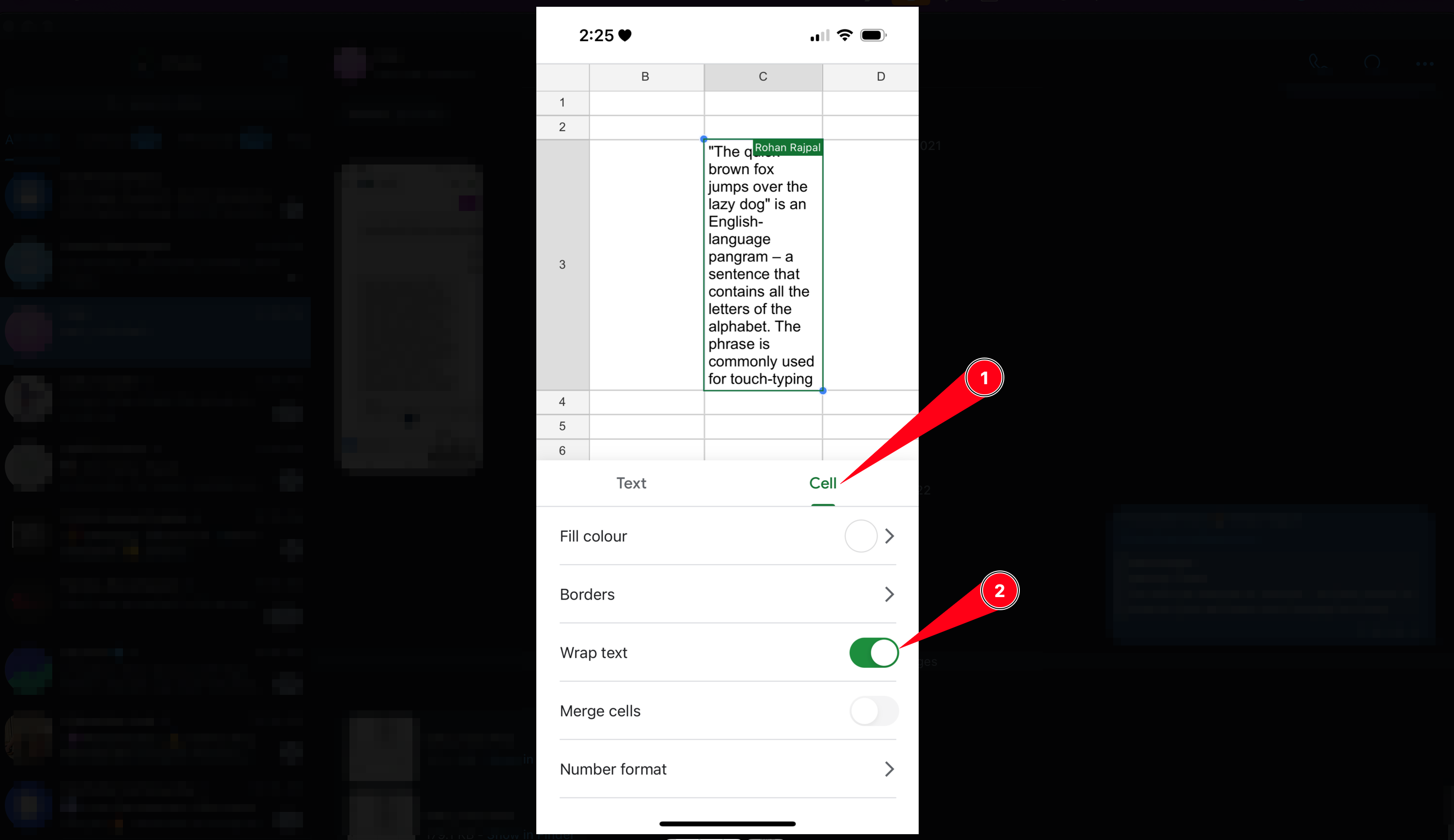 Second step of wrap text in Google Sheets for iOS