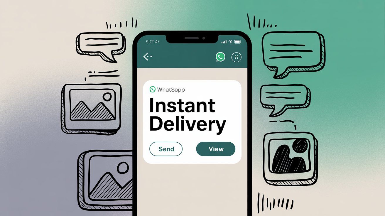 Illustration showcasing WhatsApp's unique communication strengths including instant delivery, interactive buttons, rich media capabilities, and two-way conversations