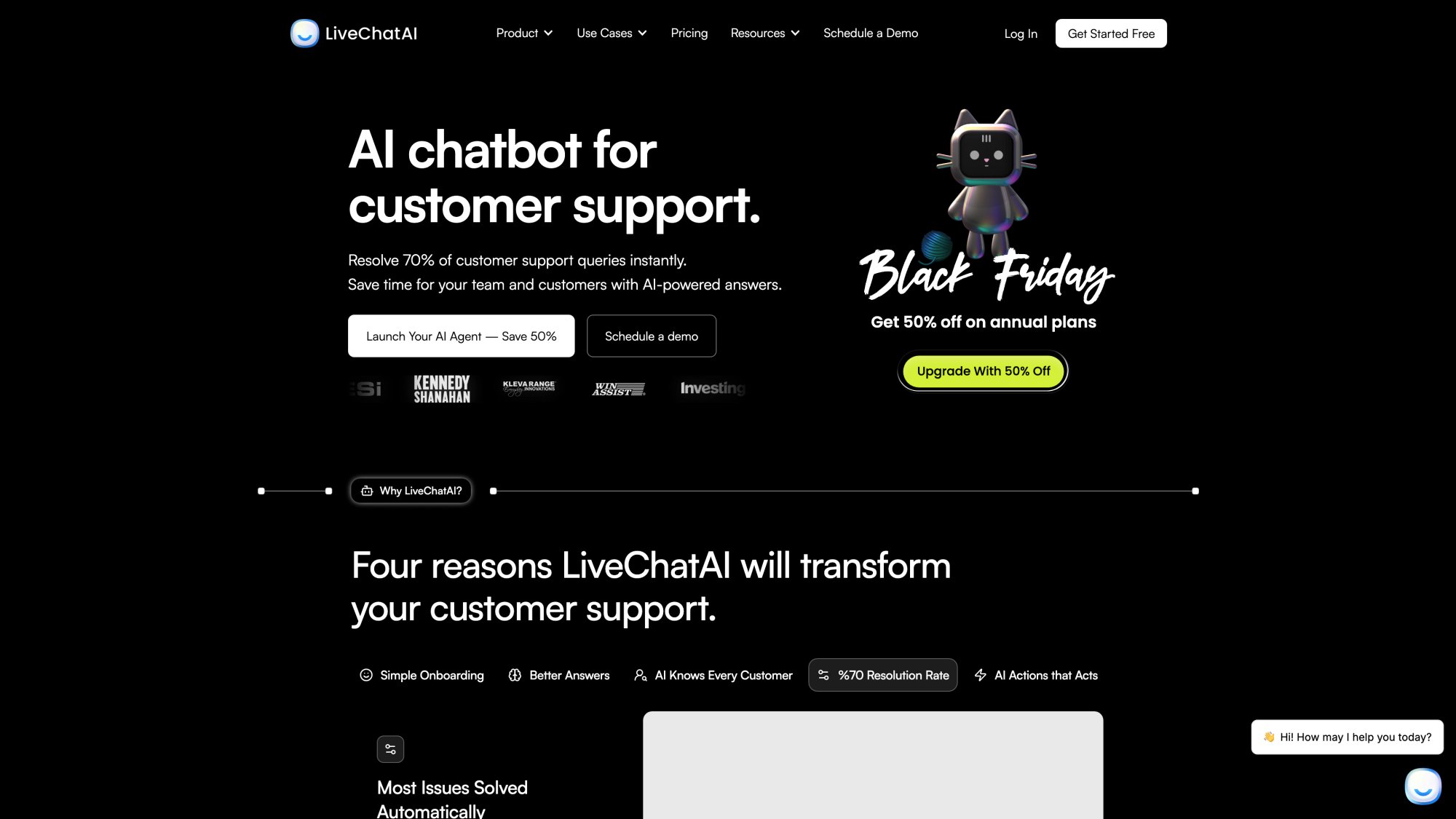 LiveChatAI homepage showcasing scalable AI chatbot platform with one-click actions and omnichannel support