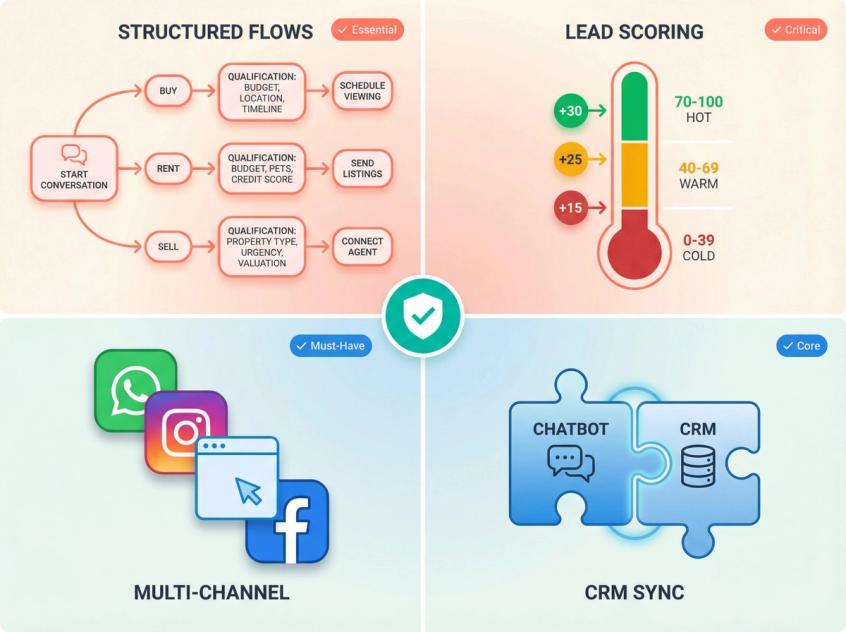 Visual comparison of real estate chatbot platform features showing structured flow builder, lead scoring, CRM integration, and multi-channel support