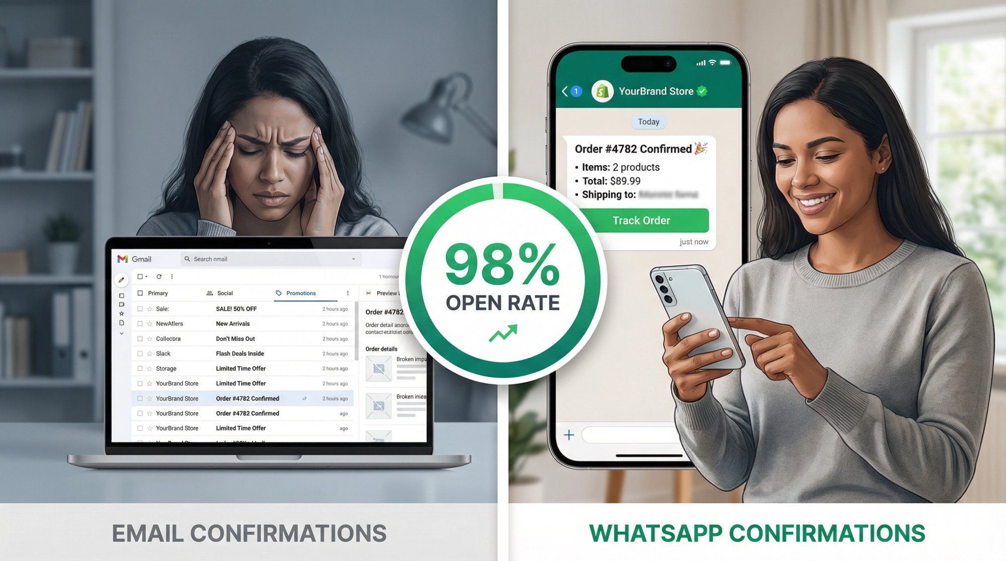 Split-screen comparison showing WhatsApp order confirmation with 98% open rate versus buried email confirmation