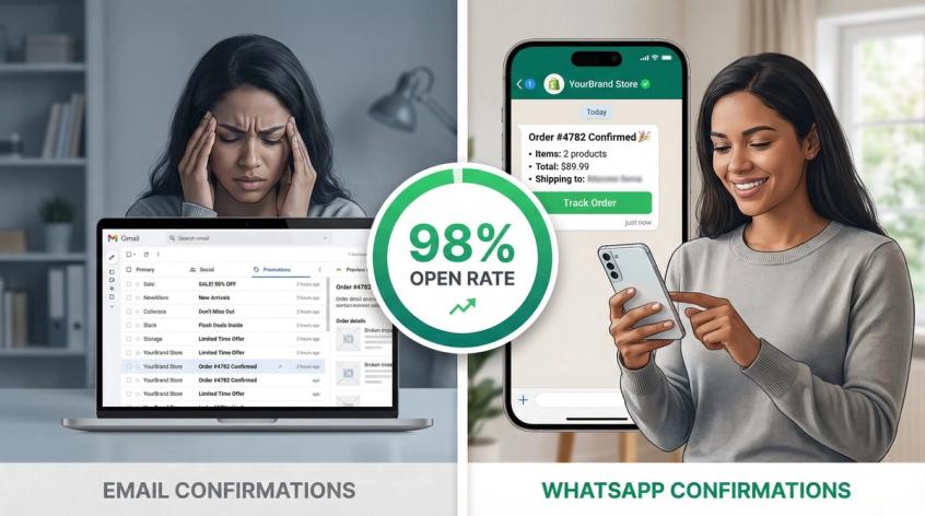 Split-screen comparison showing WhatsApp order confirmation with 98% open rate versus buried email confirmation