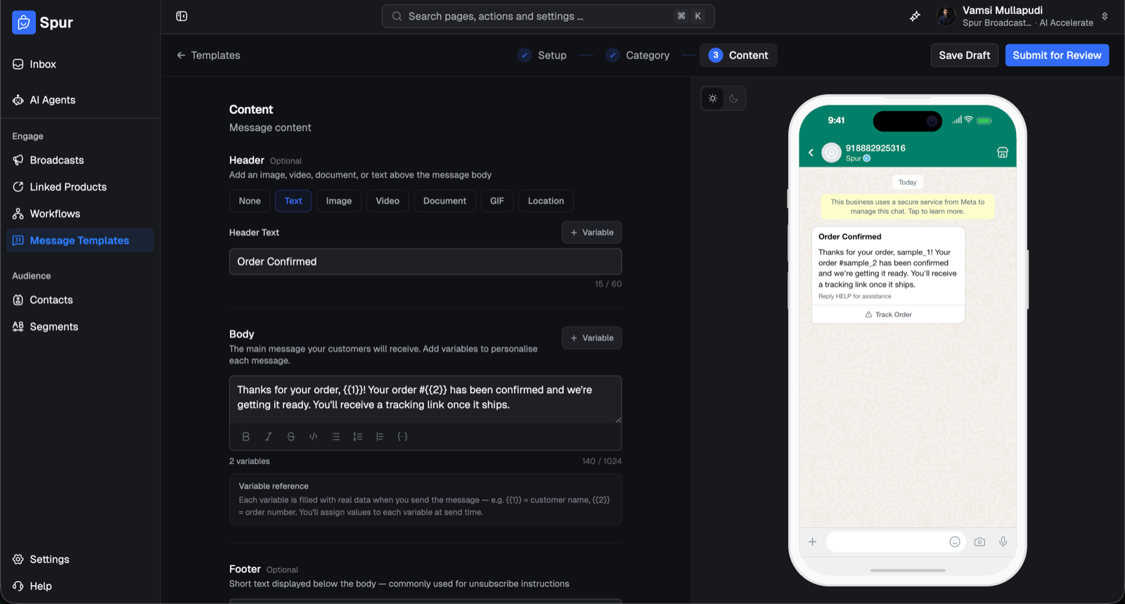 Spur template builder with per field character counts and a WhatsApp preview
