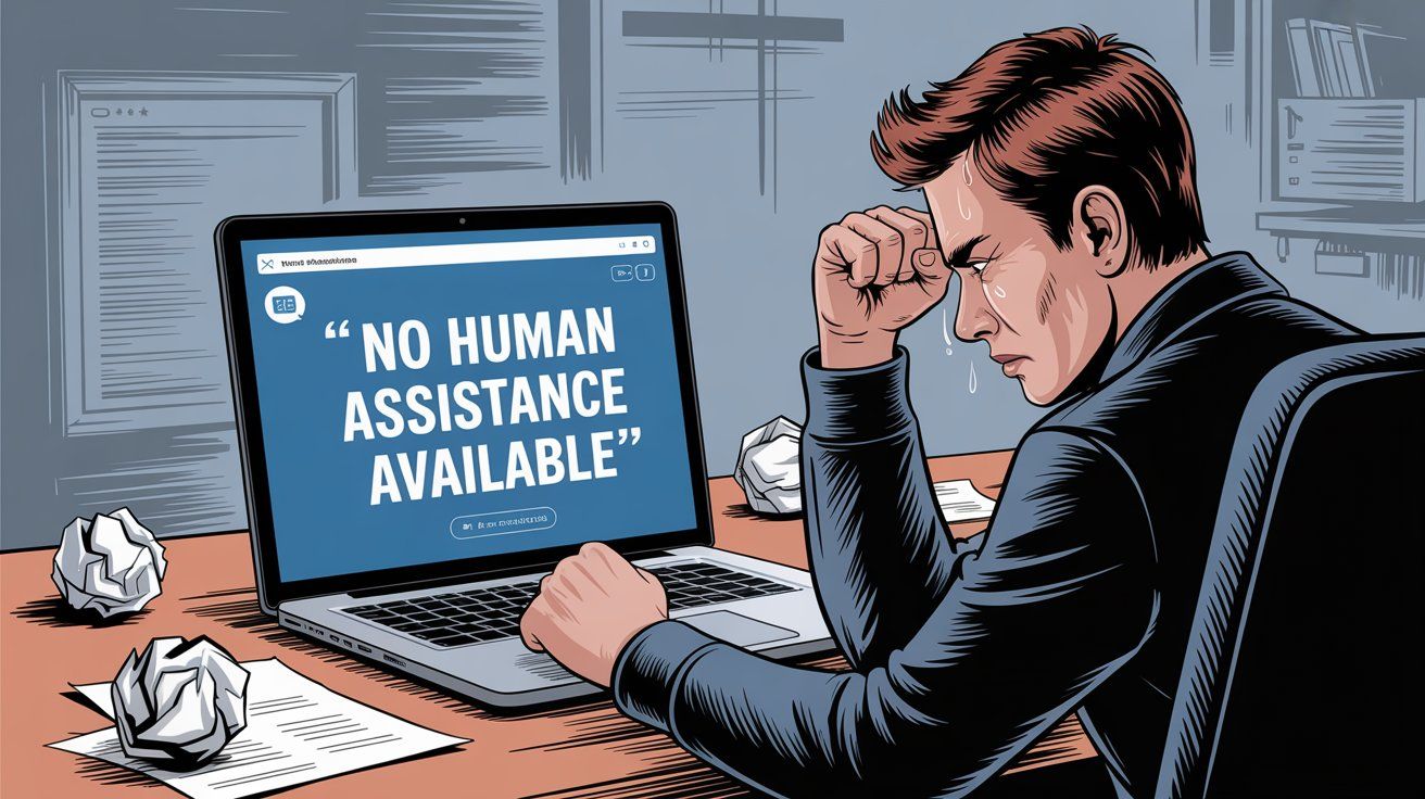 Frustrated customer at laptop with message "NO HUMAN ASSISTANCE AVAILABLE" showing the problem of chatbots without handoff options