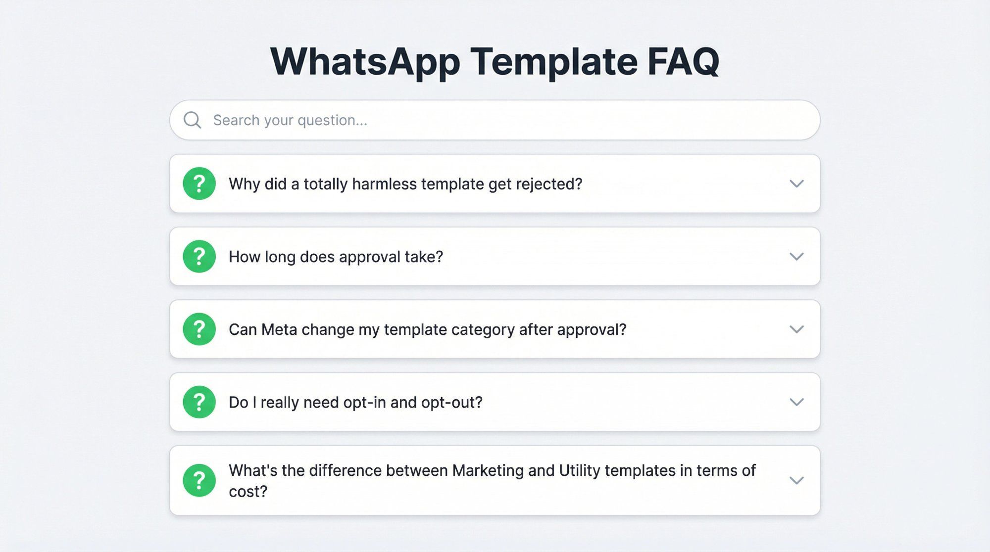 Clean FAQ dashboard interface showing common WhatsApp template rejection questions with expandable answers