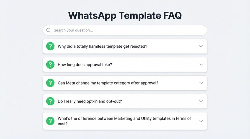 Clean FAQ dashboard interface showing common WhatsApp template rejection questions with expandable answers
