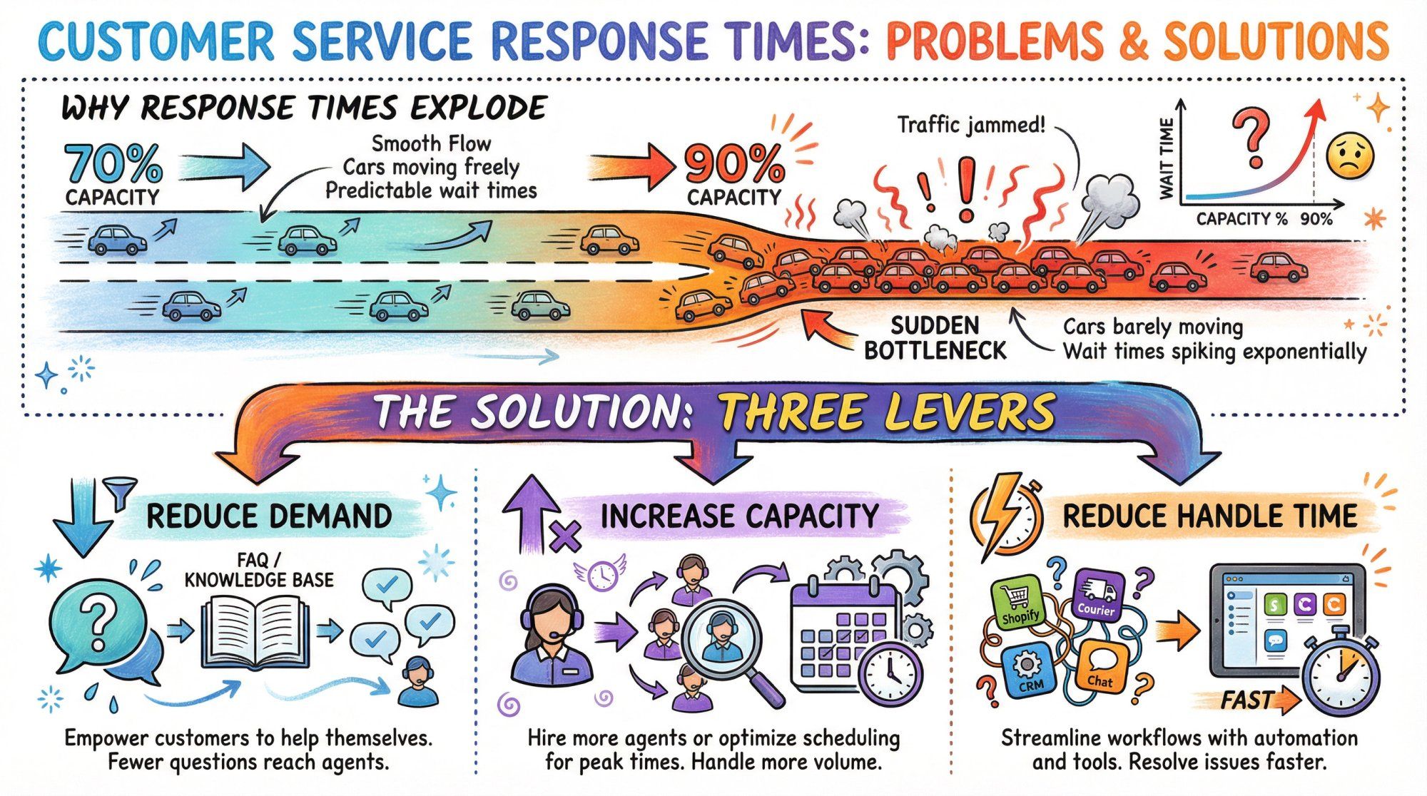 Visual diagram showing queue theory traffic jam effect at 90% capacity and three levers framework for fixing response times