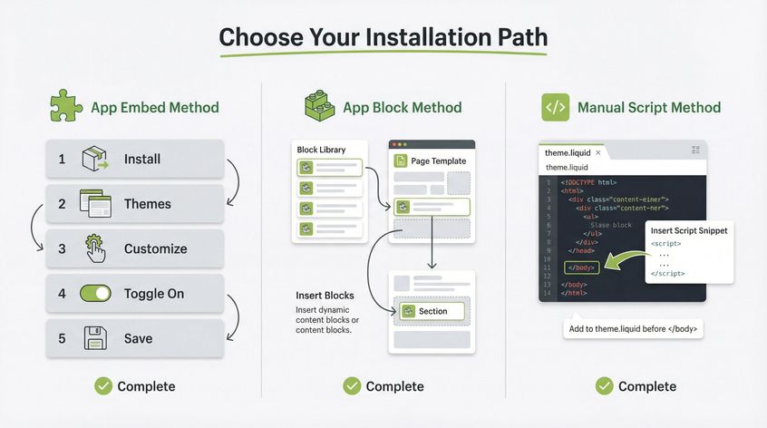 Three installation methods for adding third-party chat apps to Shopify: App Embed, App Block, and Manual Script