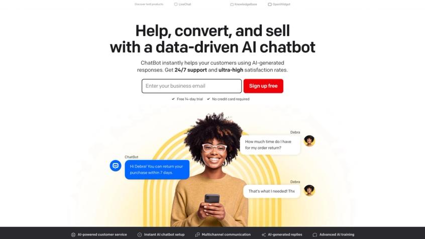 Chatbot.com homepage showcasing visual drag-and-drop flow builder for creating conversational AI without coding