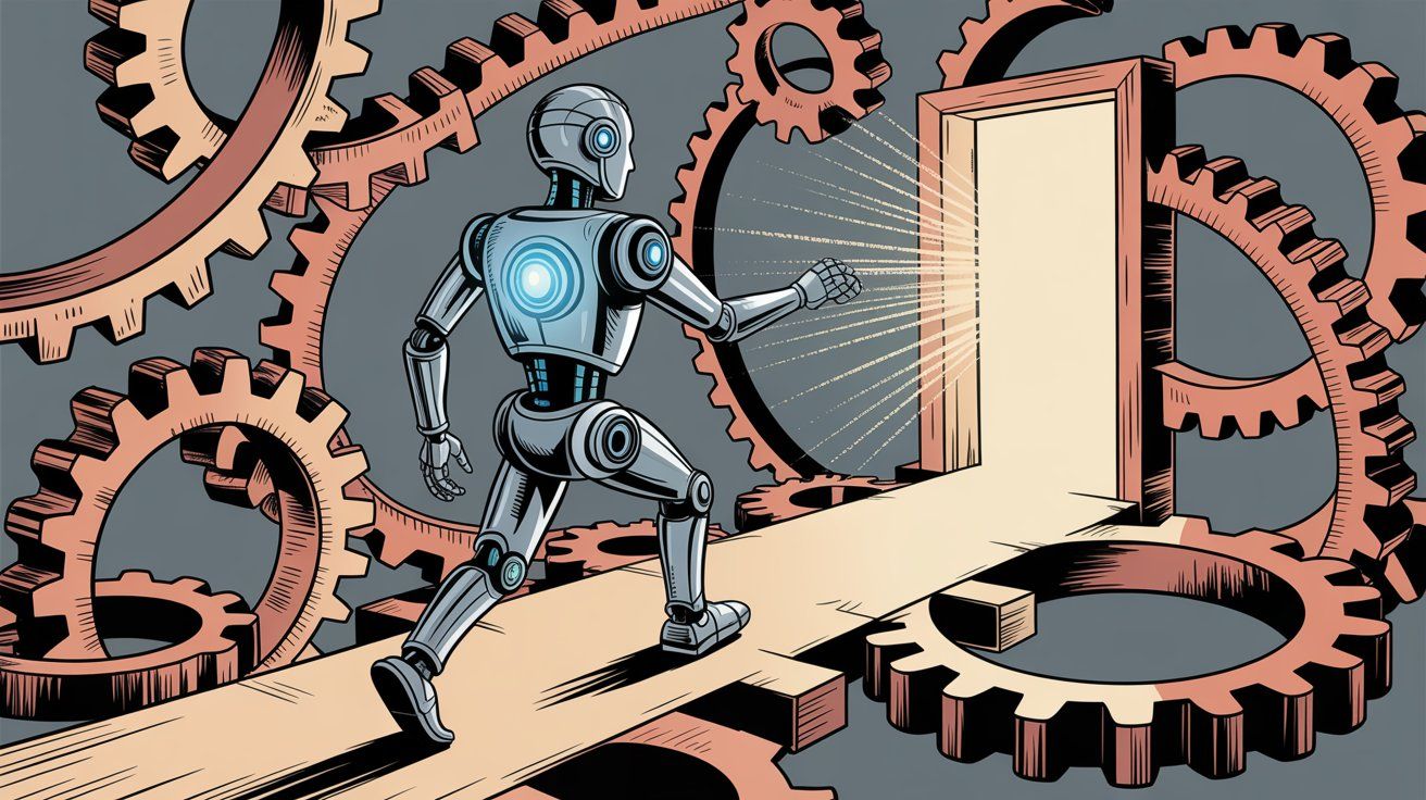 Robot navigating through complex machinery and gears toward a bright doorway, representing overcoming chatbot challenges and finding solutions