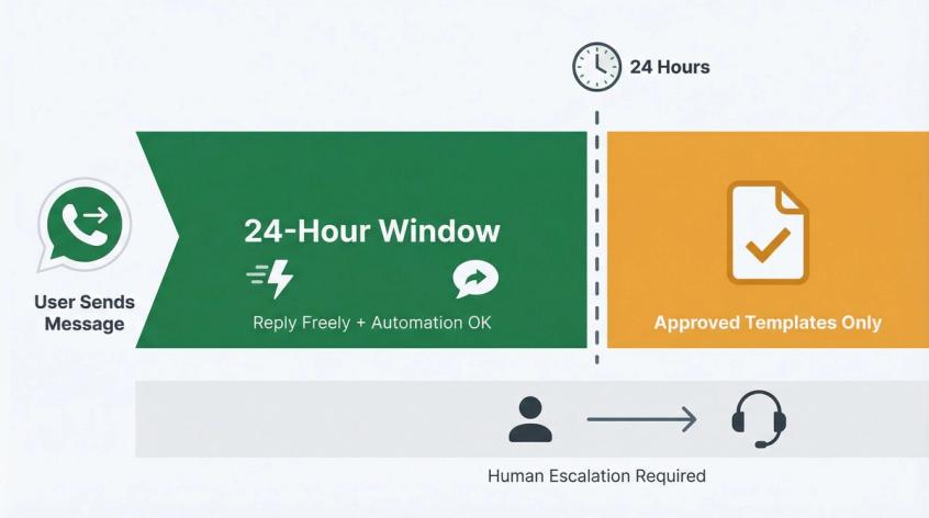 WhatsApp 24-hour compliance window illustrated as a timeline showing free reply zone and template-only zone for businesses