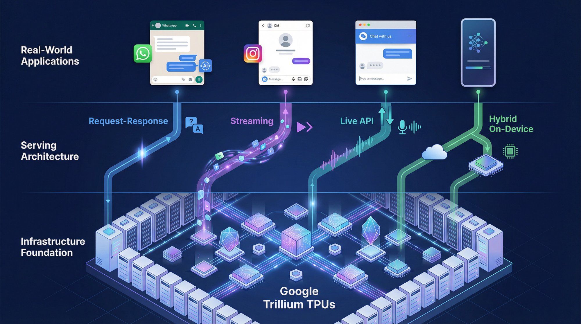 Gemini AI infrastructure architecture showing Google Trillium TPU servers powering different serving modes