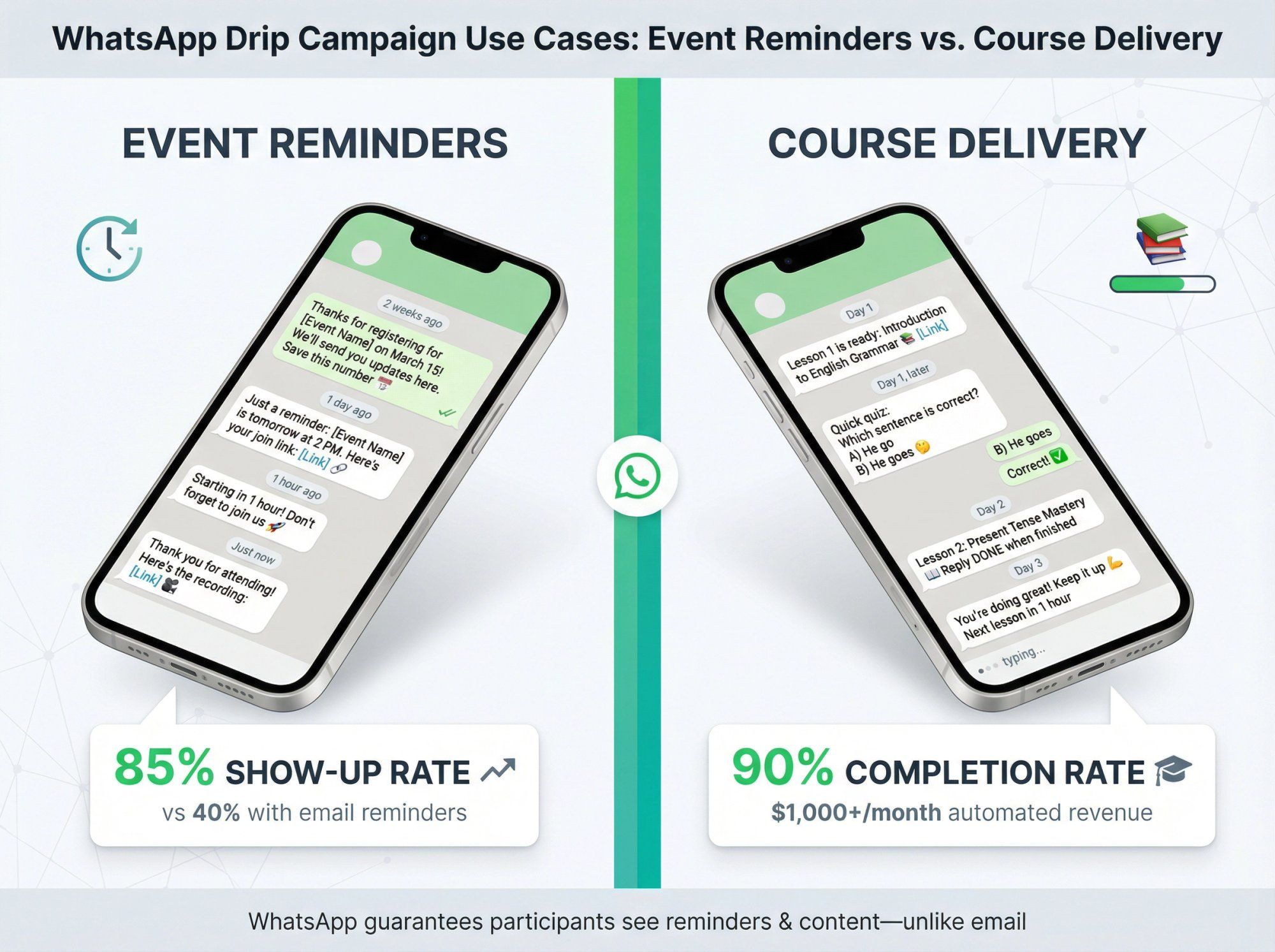 Split-panel comparison showing WhatsApp drip campaigns for event reminders vs educational course delivery with mobile mockups and engagement metrics