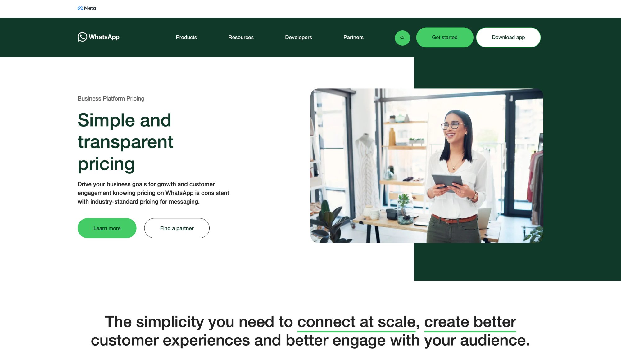 Meta's WhatsApp Business Platform Pricing page headline reading Simple and transparent pricing with Learn more and Find a partner CTAs